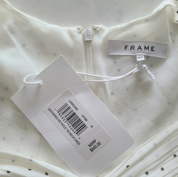 FRAME Ruched Tie-Neck Polka-Dot Midi Dress, White | Black, Medium, NWT - Picture 11 of 16